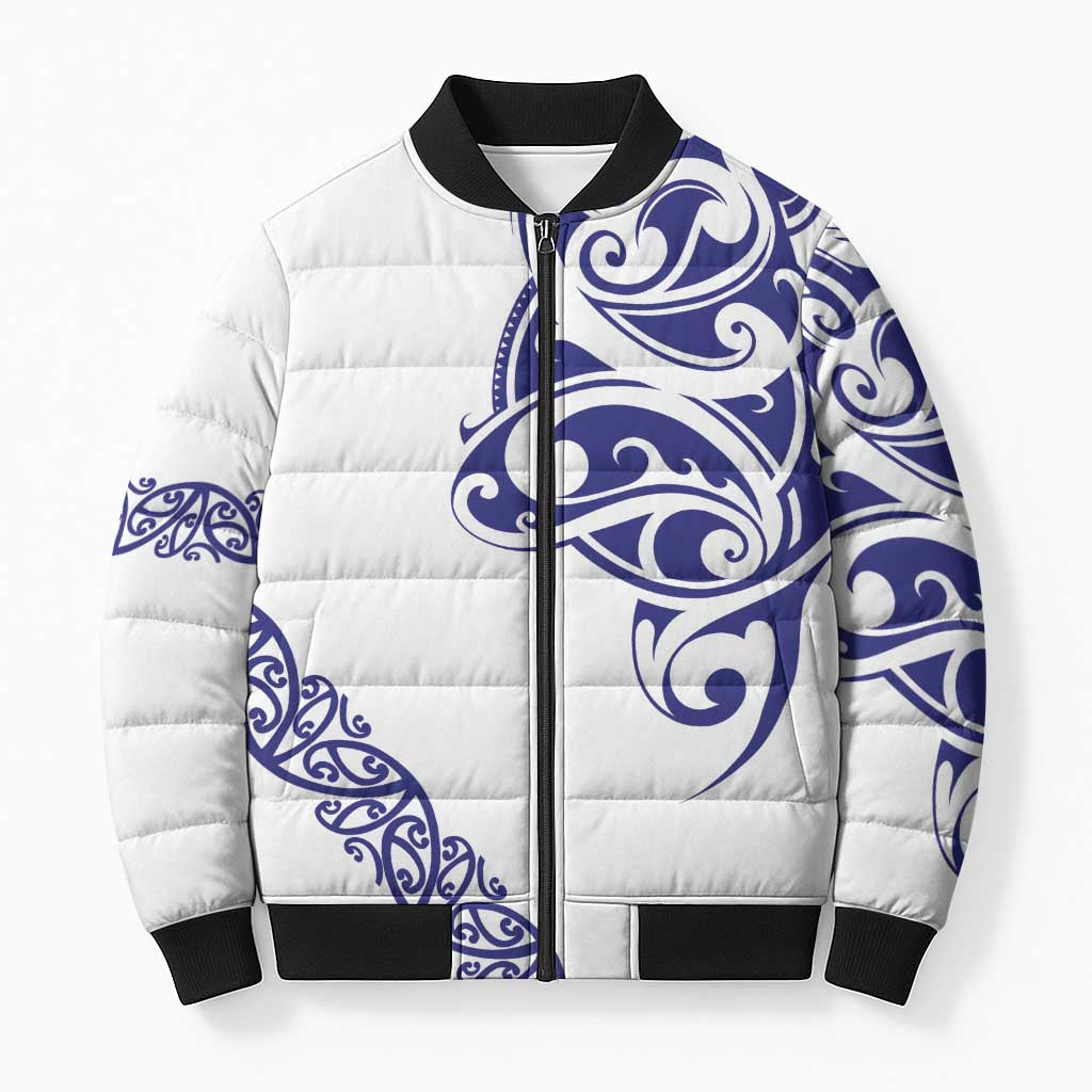 All White Maori Tribal Tattoo Personalised Bomber Puffer Jacket Dark Blue Polynesian Style LT9 Unisex Blue - Polynesian Pride