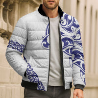 All White Maori Tribal Tattoo Personalised Bomber Puffer Jacket Dark Blue Polynesian Style LT9 - Polynesian Pride