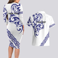 All White Maori Tribal Tattoo Personalised Couples Matching Long Sleeve Bodycon Dress and Hawaiian Shirt Dark Blue Polynesian Style - Polynesian Pride