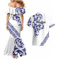 All White Maori Tribal Tattoo Personalised Couples Matching Mermaid Dress and Hawaiian Shirt Dark Blue Polynesian Style - Polynesian Pride