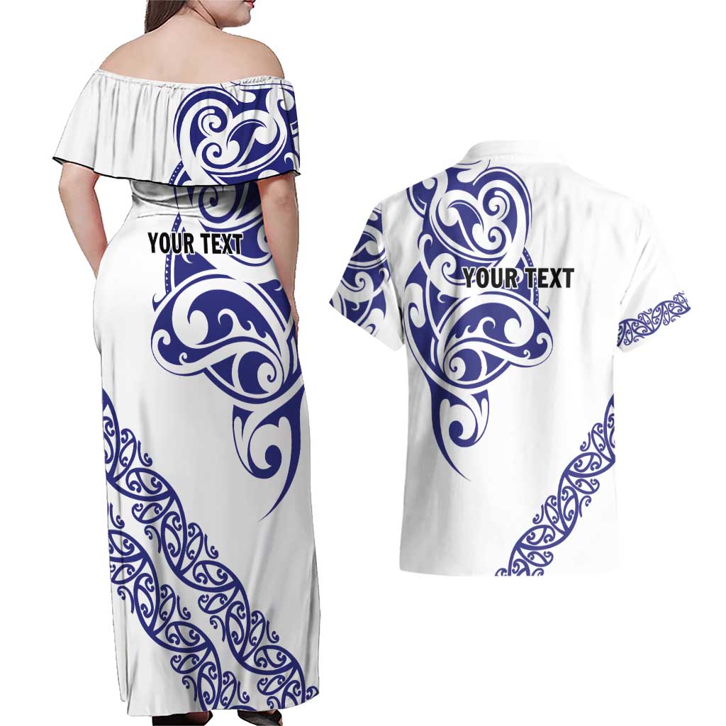 All White Maori Tribal Tattoo Personalised Couples Matching Off Shoulder Maxi Dress and Hawaiian Shirt Dark Blue Polynesian Style - Polynesian Pride