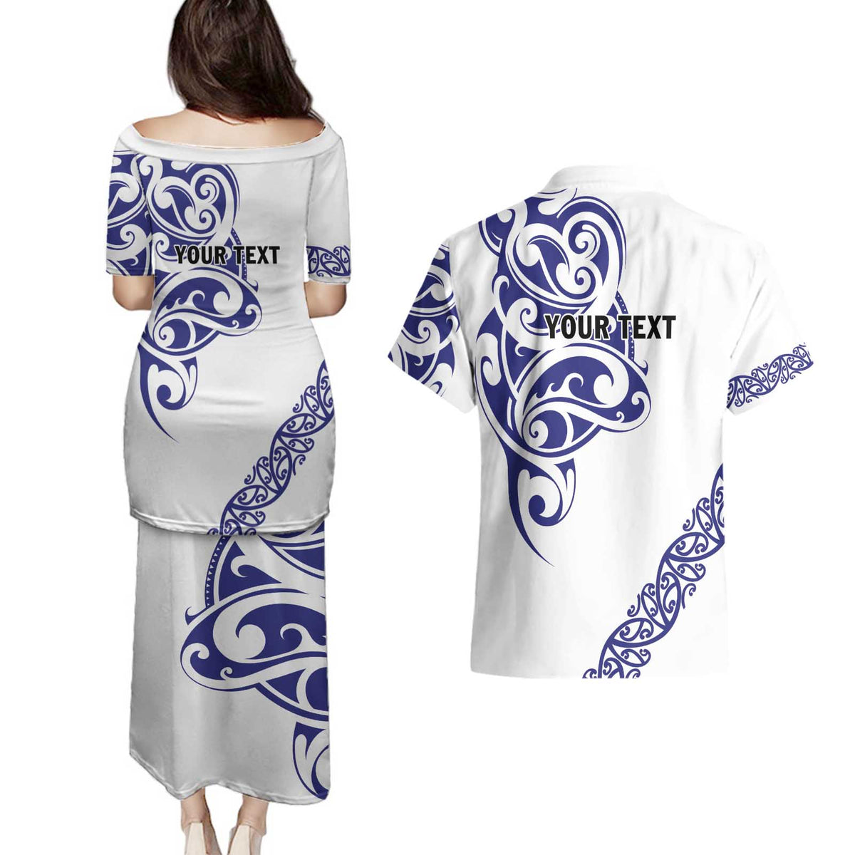 All White Maori Tribal Tattoo Personalised Couples Matching Puletasi and Hawaiian Shirt Dark Blue Polynesian Style - Polynesian Pride