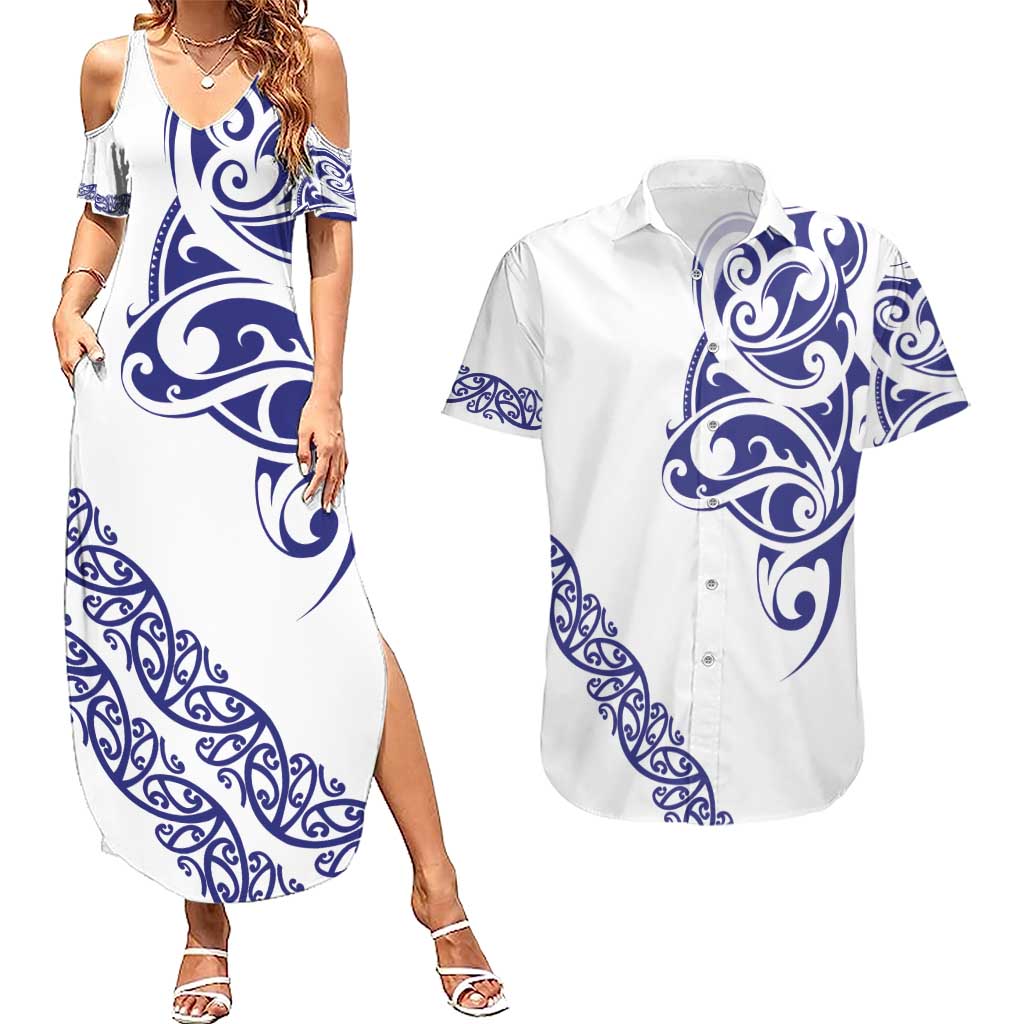 All White Maori Tribal Tattoo Personalised Couples Matching Summer Maxi Dress and Hawaiian Shirt Dark Blue Polynesian Style - Polynesian Pride
