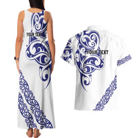 All White Maori Tribal Tattoo Personalised Couples Matching Tank Maxi Dress and Hawaiian Shirt Dark Blue Polynesian Style - Polynesian Pride
