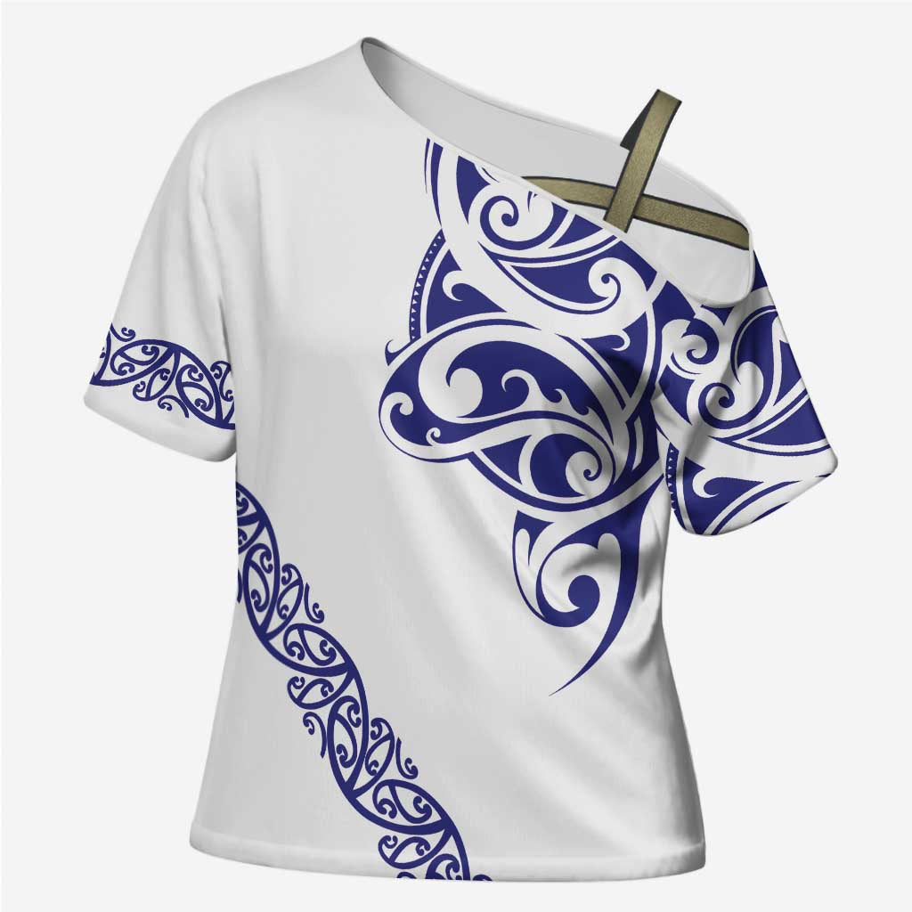 All White Maori Tribal Tattoo Personalised Cross Shoulder Shirt Dark Blue Polynesian Style LT9 Female Blue - Polynesian Pride