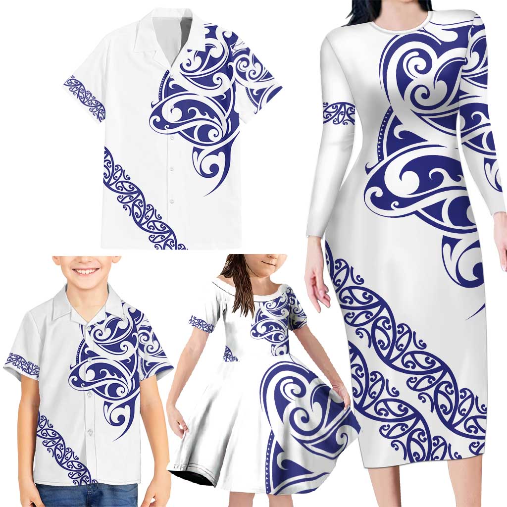 All White Maori Tribal Tattoo Personalised Family Matching Long Sleeve Bodycon Dress and Hawaiian Shirt Dark Blue Polynesian Style - Polynesian Pride