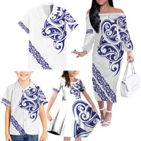 All White Maori Tribal Tattoo Personalised Family Matching Off The Shoulder Long Sleeve Dress and Hawaiian Shirt Dark Blue Polynesian Style - Polynesian Pride