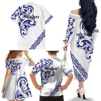 All White Maori Tribal Tattoo Personalised Family Matching Off The Shoulder Long Sleeve Dress and Hawaiian Shirt Dark Blue Polynesian Style - Polynesian Pride