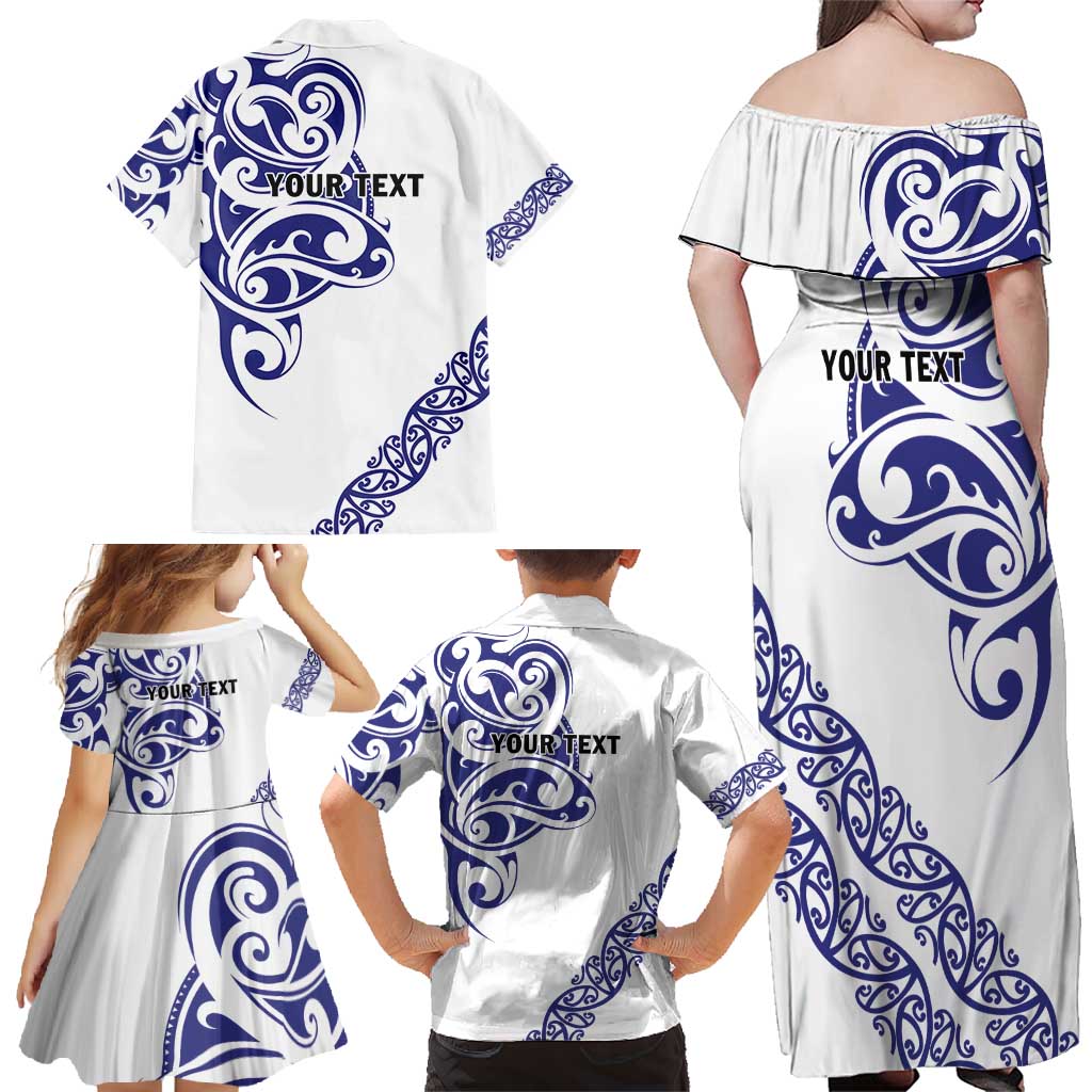 All White Maori Tribal Tattoo Personalised Family Matching Off Shoulder Maxi Dress and Hawaiian Shirt Dark Blue Polynesian Style - Polynesian Pride