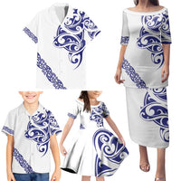 All White Maori Tribal Tattoo Personalised Family Matching Puletasi and Hawaiian Shirt Dark Blue Polynesian Style - Polynesian Pride