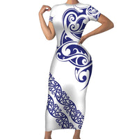All White Maori Tribal Tattoo Personalised Family Matching Short Sleeve Bodycon Dress and Hawaiian Shirt Dark Blue Polynesian Style - Polynesian Pride