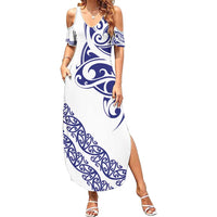 All White Maori Tribal Tattoo Personalised Family Matching Summer Maxi Dress and Hawaiian Shirt Dark Blue Polynesian Style - Polynesian Pride