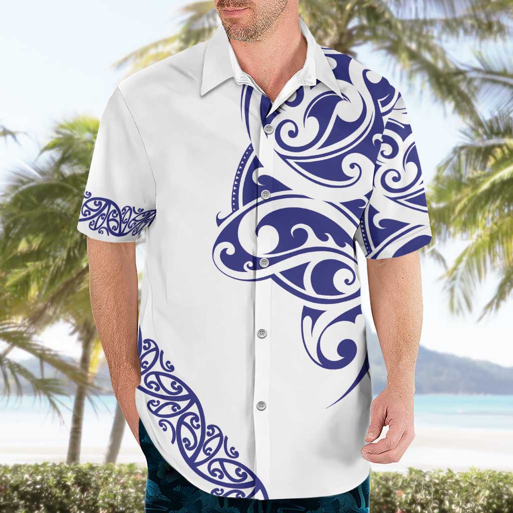 All White Maori Tribal Tattoo Personalised Hawaiian Shirt Dark Blue Polynesian Style - Polynesian Pride