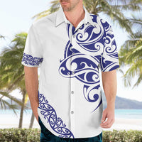 All White Maori Tribal Tattoo Personalised Hawaiian Shirt Dark Blue Polynesian Style - Polynesian Pride