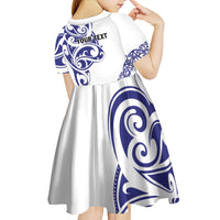 All White Maori Tribal Tattoo Personalised Kid Short Sleeve Dress Dark Blue Polynesian Style - Polynesian Pride