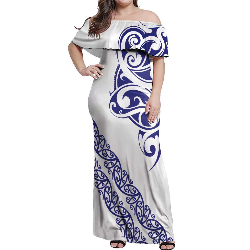 All White Maori Tribal Tattoo Personalised Off Shoulder Maxi Dress Dark Blue Polynesian Style - Polynesian Pride