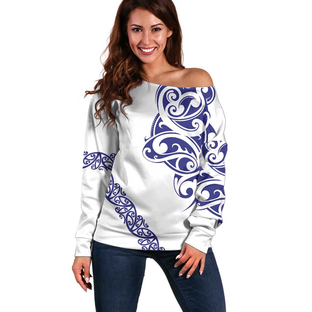 All White Maori Tribal Tattoo Personalised Off Shoulder Sweater Dark Blue Polynesian Style - Polynesian Pride