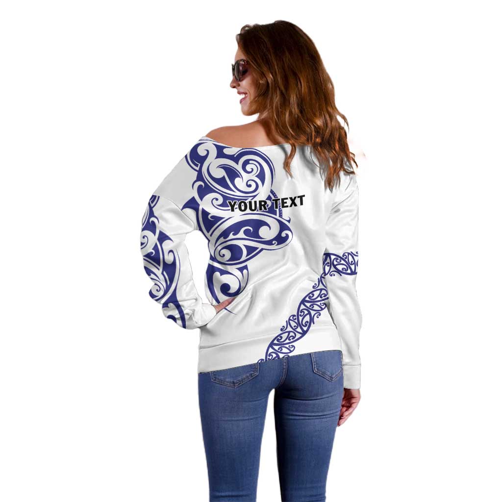 All White Maori Tribal Tattoo Personalised Off Shoulder Sweater Dark Blue Polynesian Style - Polynesian Pride