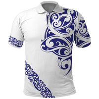All White Maori Tribal Tattoo Personalised Polo Shirt Dark Blue Polynesian Style - Polynesian Pride