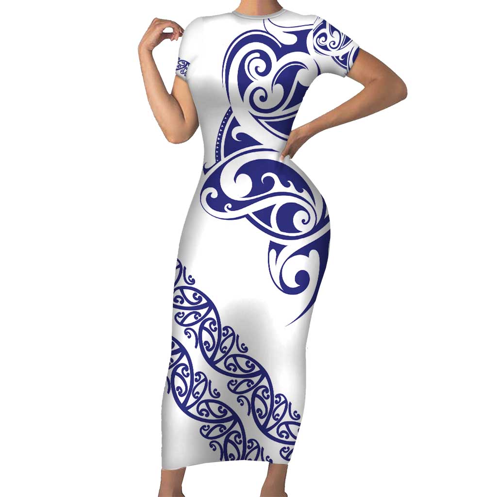 All White Maori Tribal Tattoo Personalised Short Sleeve Bodycon Dress Dark Blue Polynesian Style - Polynesian Pride