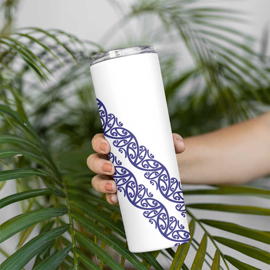 All White Maori Tribal Tattoo Personalised Skinny Tumbler Dark Blue Polynesian Style - Polynesian Pride