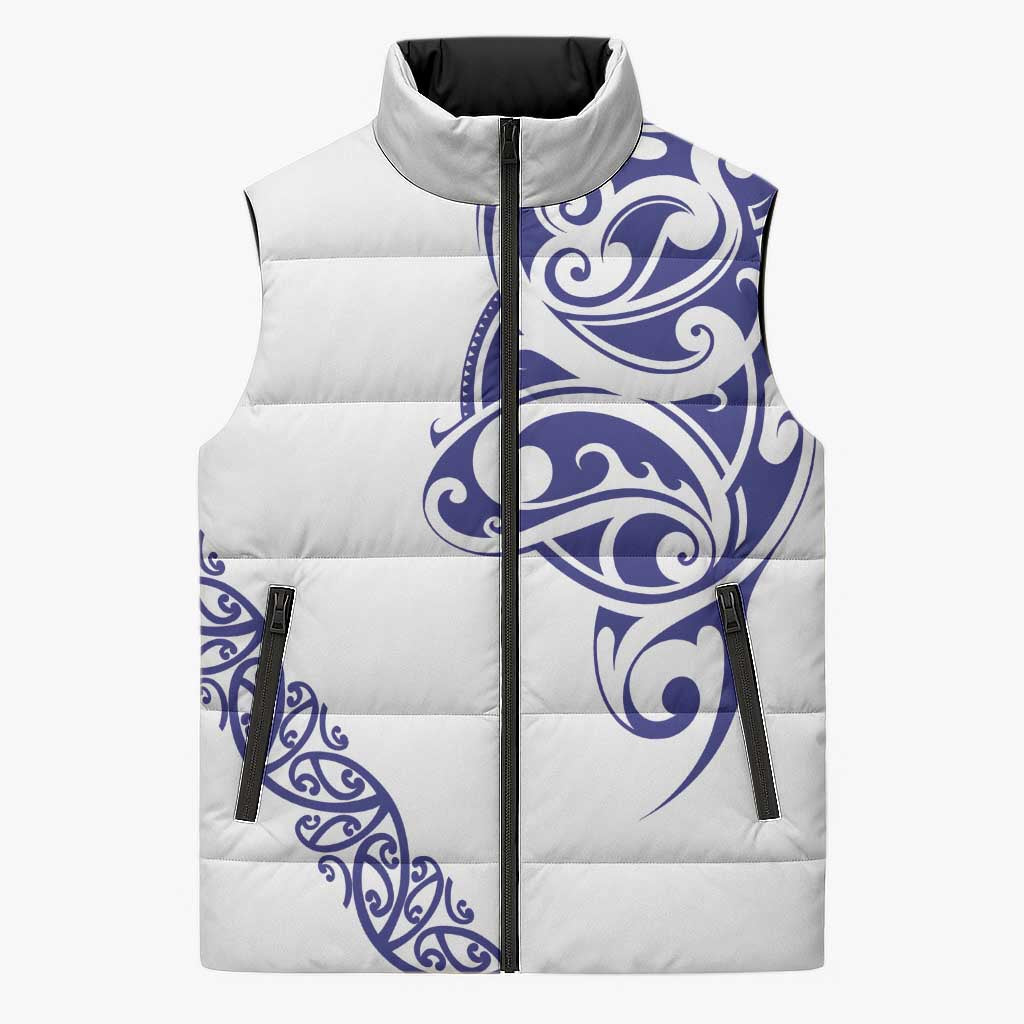 All White Maori Tribal Tattoo Personalised Sleeveless Puffer Jacket Dark Blue Polynesian Style LT9 Unisex Blue - Polynesian Pride