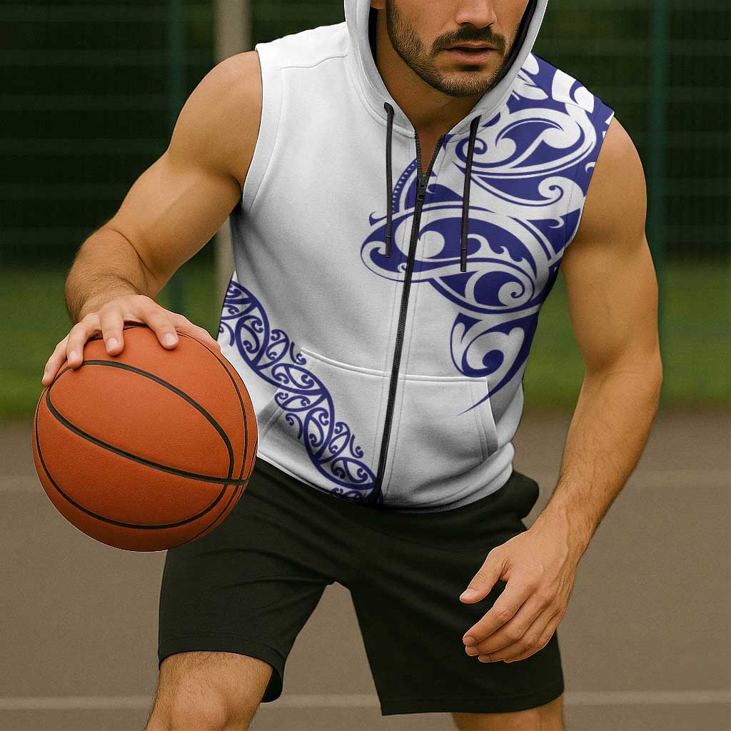All White Maori Tribal Tattoo Personalised Sleeveless Zip Hoodie Dark Blue Polynesian Style LT9