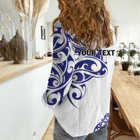 All White Maori Tribal Tattoo Personalised Women Casual Shirt Dark Blue Polynesian Style - Polynesian Pride