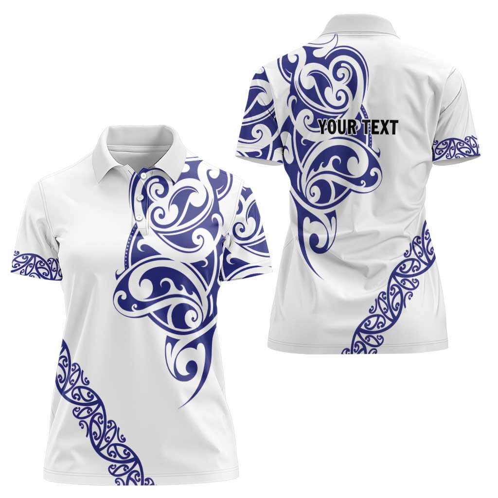 All White Maori Tribal Tattoo Personalised Women Polo Shirt Dark Blue Polynesian Style - Polynesian Pride