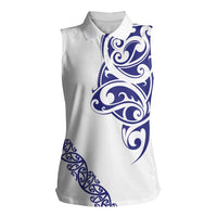 All White Maori Tribal Tattoo Personalised Women Sleeveless Polo Shirt Dark Blue Polynesian Style - Polynesian Pride