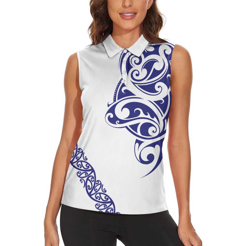 All White Maori Tribal Tattoo Personalised Women Sleeveless Polo Shirt Dark Blue Polynesian Style - Polynesian Pride