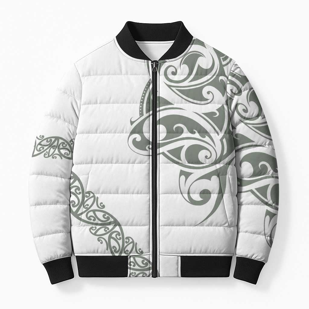 All White Maori Tribal Tattoo Personalised Bomber Puffer Jacket Moss Green Polynesian Style - Polynesian Pride