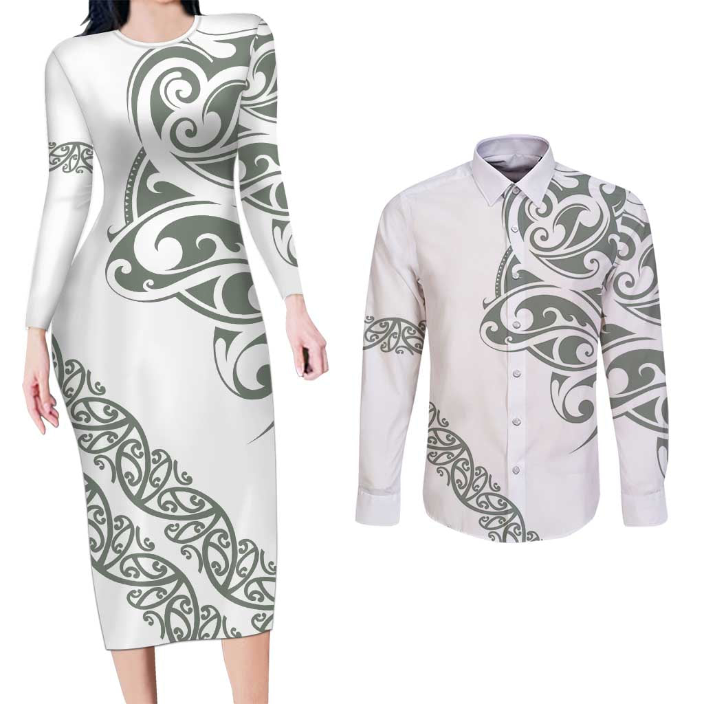 All White Maori Tribal Tattoo Personalised Couples Matching Long Sleeve Bodycon Dress and Long Sleeve Button Shirt Moss Green Polynesian Style LT9 Green - Polynesian Pride