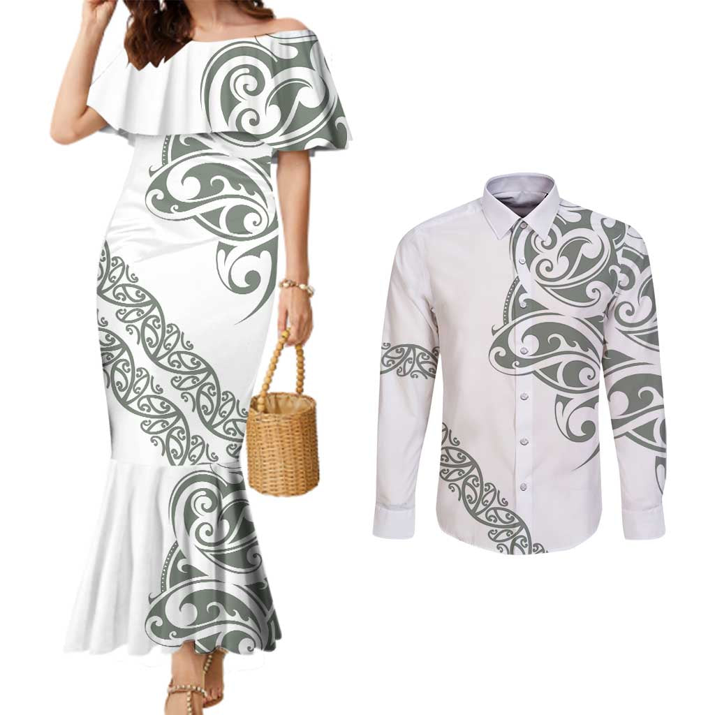 All White Maori Tribal Tattoo Personalised Couples Matching Mermaid Dress and Long Sleeve Button Shirt Moss Green Polynesian Style LT9 Green - Polynesian Pride