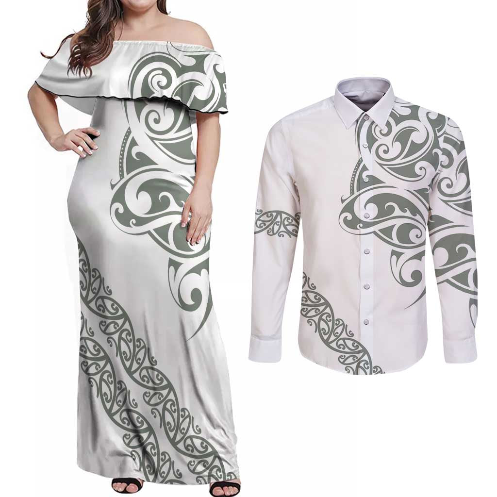 All White Maori Tribal Tattoo Personalised Couples Matching Off Shoulder Maxi Dress and Long Sleeve Button Shirt Moss Green Polynesian Style LT9 Green - Polynesian Pride