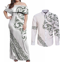 All White Maori Tribal Tattoo Personalised Couples Matching Off Shoulder Maxi Dress and Long Sleeve Button Shirt Moss Green Polynesian Style LT9 Green - Polynesian Pride