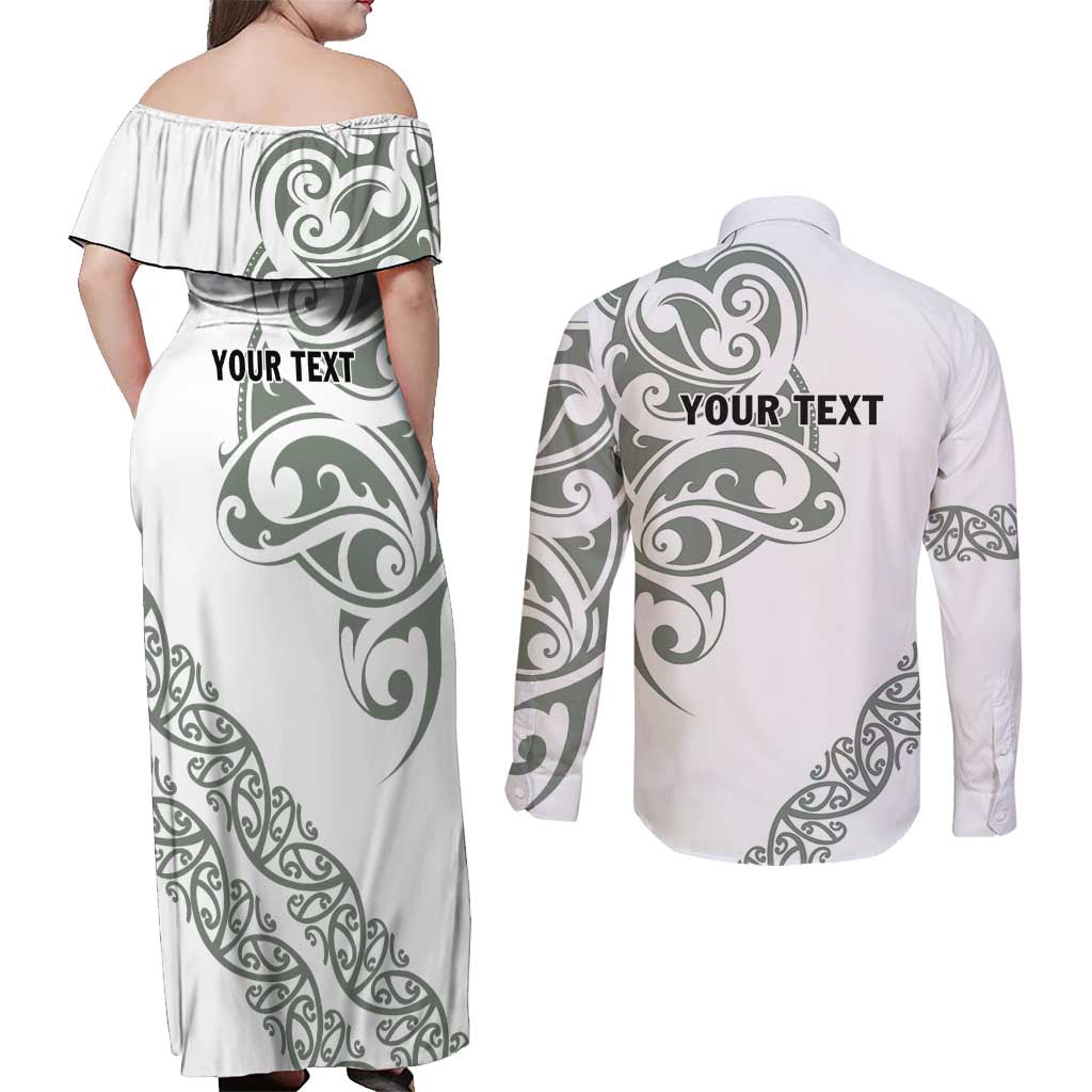 All White Maori Tribal Tattoo Personalised Couples Matching Off Shoulder Maxi Dress and Long Sleeve Button Shirt Moss Green Polynesian Style LT9 - Polynesian Pride