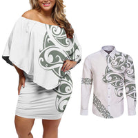 All White Maori Tribal Tattoo Personalised Couples Matching Off Shoulder Short Dress and Long Sleeve Button Shirt Moss Green Polynesian Style LT9 Green - Polynesian Pride