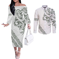 All White Maori Tribal Tattoo Personalised Couples Matching Off The Shoulder Long Sleeve Dress and Long Sleeve Button Shirt Moss Green Polynesian Style LT9 Green - Polynesian Pride
