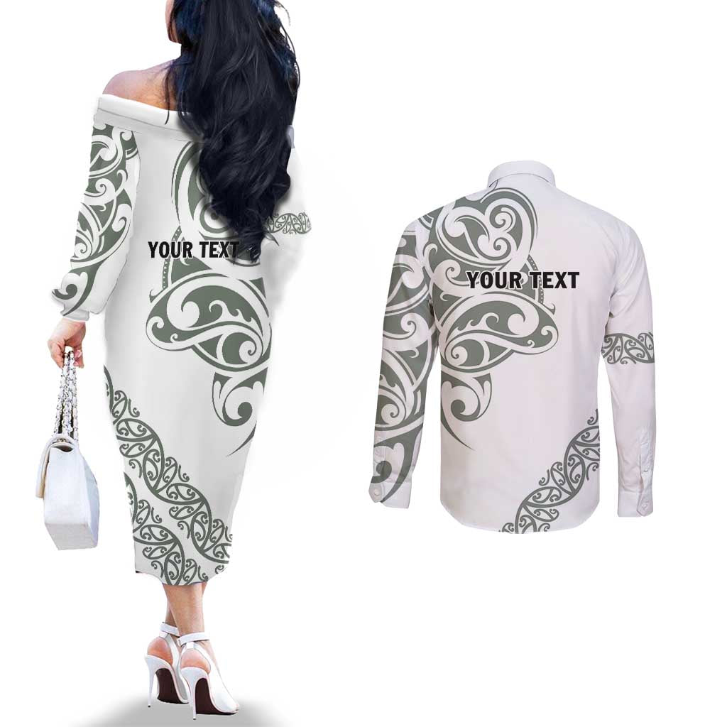 All White Maori Tribal Tattoo Personalised Couples Matching Off The Shoulder Long Sleeve Dress and Long Sleeve Button Shirt Moss Green Polynesian Style LT9 - Polynesian Pride