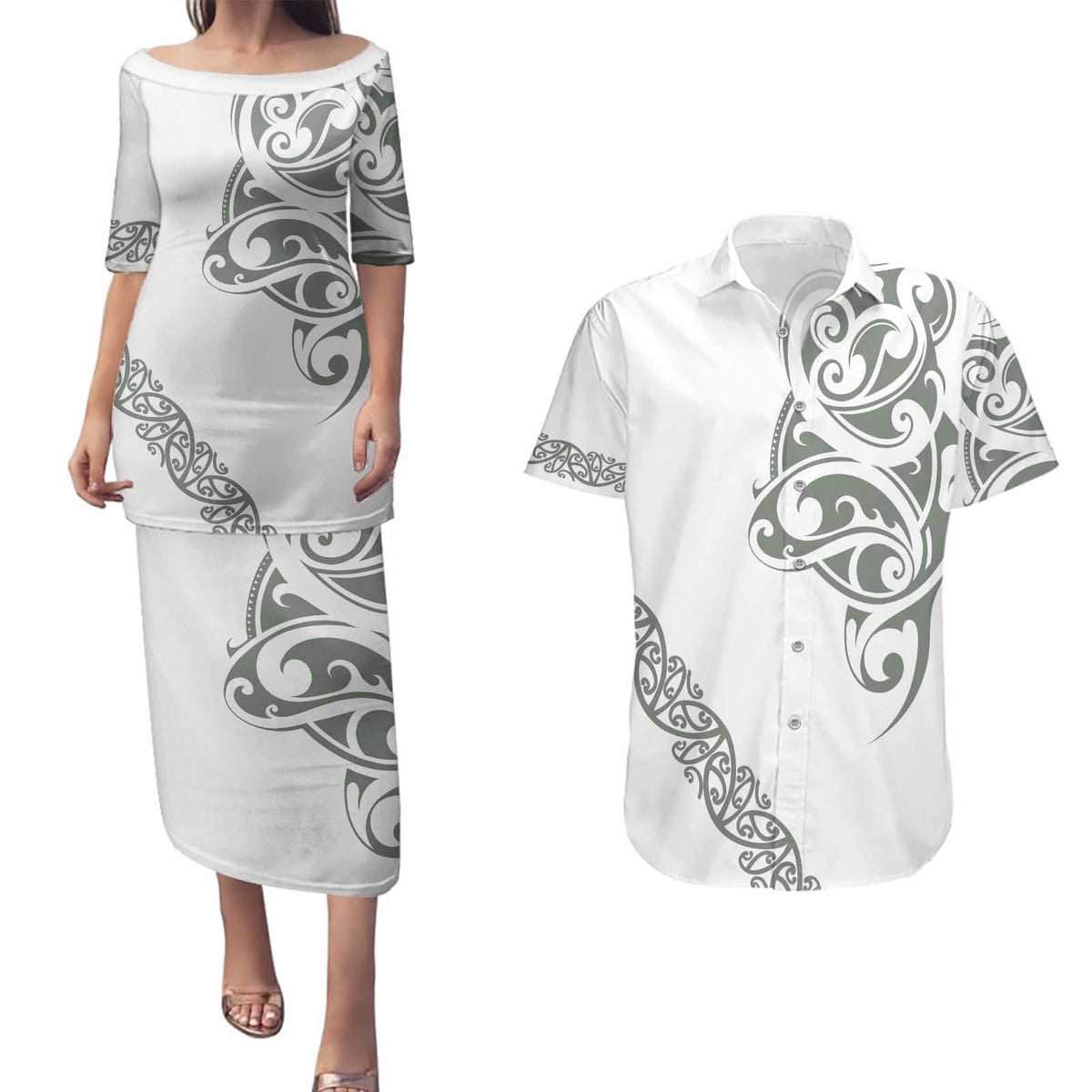 All White Maori Tribal Tattoo Personalised Couples Matching Puletasi and Hawaiian Shirt Moss Green Polynesian Style LT9 Green - Polynesian Pride
