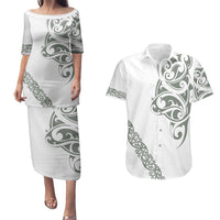 All White Maori Tribal Tattoo Personalised Couples Matching Puletasi and Hawaiian Shirt Moss Green Polynesian Style LT9 Green - Polynesian Pride