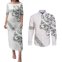 All White Maori Tribal Tattoo Personalised Couples Matching Puletasi and Long Sleeve Button Shirt Moss Green Polynesian Style LT9 Green - Polynesian Pride