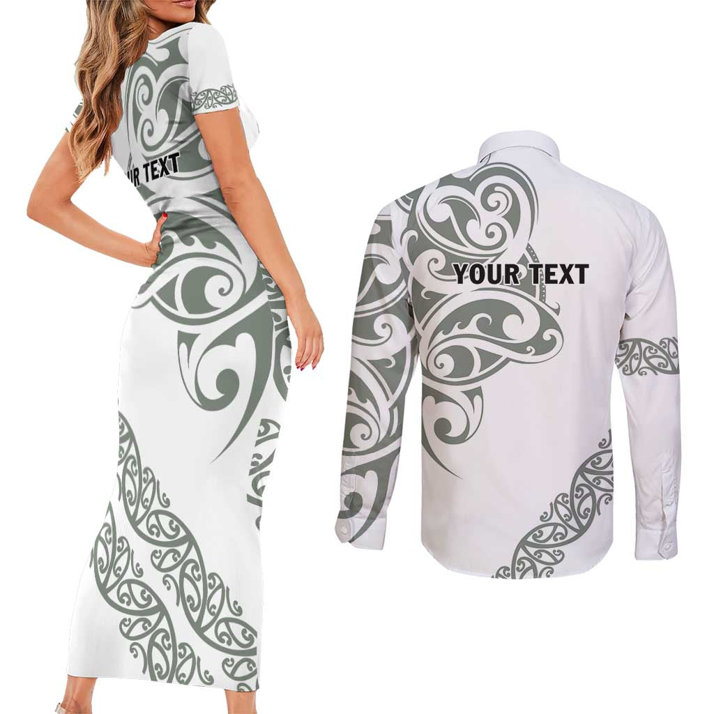 All White Maori Tribal Tattoo Personalised Couples Matching Short Sleeve Bodycon Dress and Long Sleeve Button Shirt Moss Green Polynesian Style LT9 - Polynesian Pride