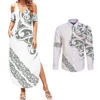 All White Maori Tribal Tattoo Personalised Couples Matching Summer Maxi Dress and Long Sleeve Button Shirt Moss Green Polynesian Style LT9 Green - Polynesian Pride