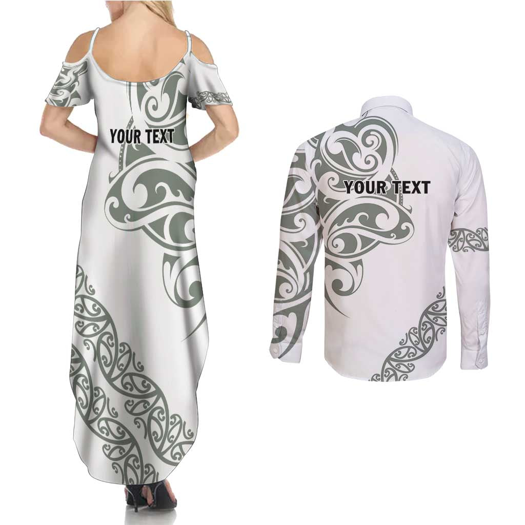 All White Maori Tribal Tattoo Personalised Couples Matching Summer Maxi Dress and Long Sleeve Button Shirt Moss Green Polynesian Style LT9 - Polynesian Pride