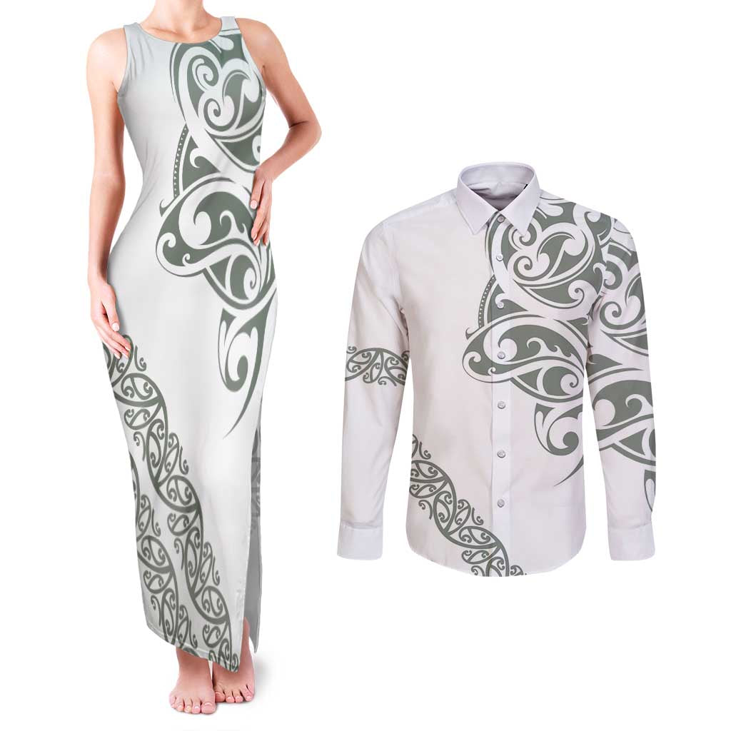 All White Maori Tribal Tattoo Personalised Couples Matching Tank Maxi Dress and Long Sleeve Button Shirt Moss Green Polynesian Style LT9 Green - Polynesian Pride