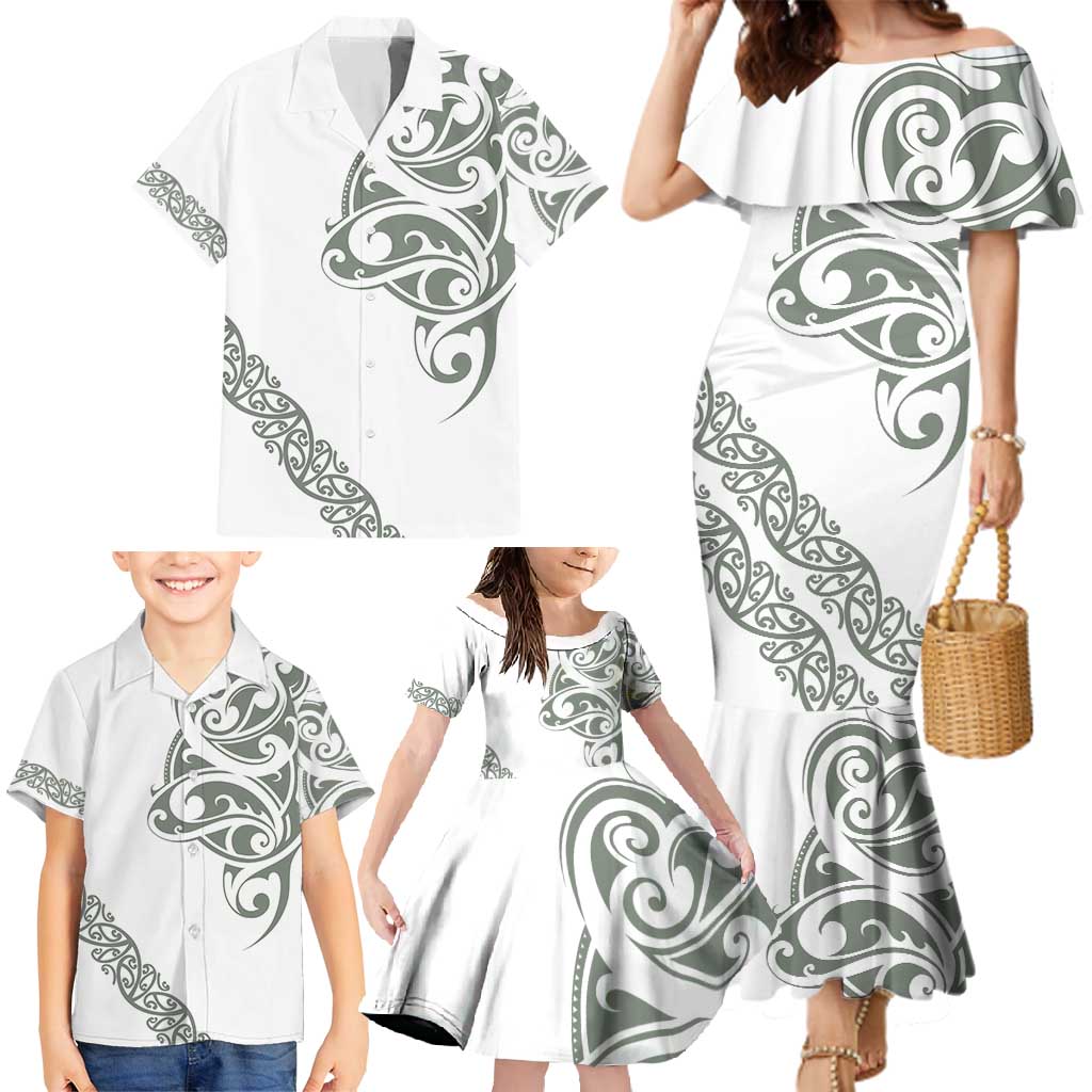 All White Maori Tribal Tattoo Personalised Family Matching Mermaid Dress and Hawaiian Shirt Moss Green Polynesian Style - Polynesian Pride