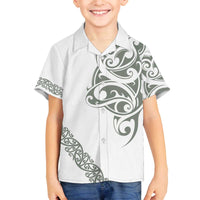 All White Maori Tribal Tattoo Personalised Family Matching Off The Shoulder Long Sleeve Dress and Hawaiian Shirt Moss Green Polynesian Style - Polynesian Pride