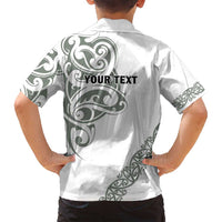 All White Maori Tribal Tattoo Personalised Family Matching Off Shoulder Short Dress and Hawaiian Shirt Moss Green Polynesian Style - Polynesian Pride